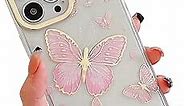 ooooops Compatible with iPhone 14 Pro Case for Women Girls, Glitter Golden Butterflies, Cute Love Heart Shaped Pattern, Slim Hard Panel Clear Protective Phone Cover for iPhone 14Pro(Pink Butterfly)