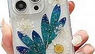 JANDM Real Flower iPhone 15 Pro Max Case, Clear Soft Flexible Rubber Pressed Dry Real Flower Girls Women Glitter Floral Case for iPhone 15 Pro Max -Green Leaves