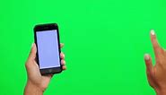Phone, mockup and touch with hand on green screen for website, internet or network promo