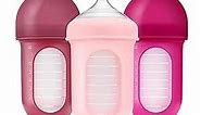 Boon Nursh Reusable Silicone Baby Bottles with Collapsible Silicone Pouch Design - Everyday Baby Essentials - Stage 2 Medium Flow Baby Bottles - Pink - 8 Oz - 3 Count