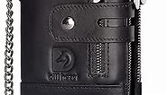 Mens Wallet with Chain Genuine Leather Purse RFID Blocking Bifold Double Zipper Coin Pocket with Anti-Theft Chain