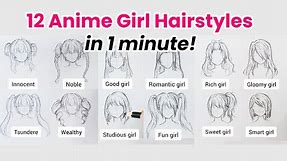 12 Anime girl hairstyle ideas compilation in 1 min | How to draw anime hair (time-lapse)