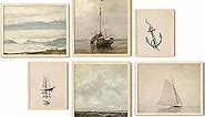 EXCOOL CLUB Vintage Wall Decor Ocean Art - French Country Coastal Wall Art, Seascape Nautical Pictures Sailing Boat Artwork, Beach Landscape Gallery Prints Vintage Coastal Decor for Bedroom (UNFRAMED)