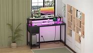 GreenForest Computer Desk with Drawers 39 inch, Gaming Desk with LED Lights & Power Outlets Small Desk with Monitor Stand and Reversible Shelf, Black