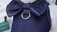 Jerrlin WoWs Small Dog Harness Dress Cute Bowtie Puppy Denim Skirt Jeans Dogs Clothing Pet Clothes Dogs Costumes with Leash Ring Dark Blue (Large)