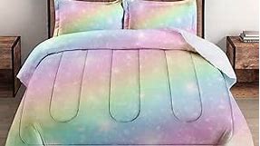 Full Size Comforter Set with 2 Pillowcases, Pink Galaxy Unicorn Rainbow Princess Soft Bedding Set for Kids and Adults Bedroom Bed Decor