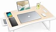 Laptop Bed Desk Tray Bed Table, Foldable Portable Lap Desk Notebook Stand Reading Holder with Storage Drawer and Cup Holder for Eating Breakfast on Bed/Couch/Sofa-White Oak