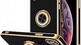 Hython for iPhone Xs Case, Phone Case iPhone X with Ring Stand, Shiny Plating Rose Gold Edge Magnetic Ring Holder Kickstand Slim Thin Soft TPU Bumper Cover Shockproof Protective Phone Cases, Black
