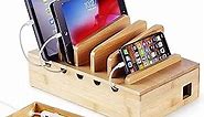 Modern Innovations Bamboo Charging Station for Multiple Devices (Natural) Wood Device Organizer, Desk Docking Stand for Cell-Phone Charger, Compatible with Apple, Android, iPad, iPhone, Tablet, Laptop