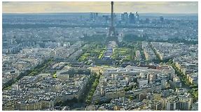 Aerial View of Evening Paris, Eiffel Tower With Balloon Flying in Air, Timelapse