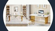 Tribesigns 63" White Office Desk, Modern Executive Desk Large Computer Desk with Gold Metal Frame, Wood Study Writing Desk Workstation for Home Office (White & Gold)