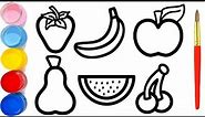 Drawing fruits: apple, pear, banana, cherry and coloring