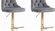 Aoowow Swivel Bar Stools Set of 2,Adjustable Barstools with Back Velvet Tufted Counter Stool Modern Upholstered Bar Chairs with Nailhead for Kitchen Island Restaurant Pub Counter (Gray-Gold)