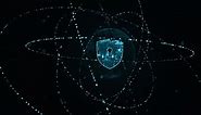 Blue security shield logo with particle ring circle rotation and earth with ai technology icons