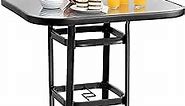 Aoxun Bar Height Patio Table - Outdoor Bar Table with Umbrella Hole, Metal Frame Tempered Glass Table High Top, 31.5" x 31.5" Bar Table Suitable for Bar Stool, Brown&Black