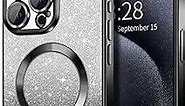 Hython for iPhone 15 Pro Case Clear Magnetic Glitter Phone Cases [Compatible with MagSafe] Full Camera Lens Protector Slim Gradient Sparkle Luxury Plating Shockproof Protective Cover Women, Black