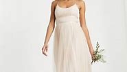 ASOS DESIGN bridesmaid tulle cami maxi dress with satin ribbon waist detail and pleated skirt in champagne | ASOS
