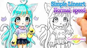 Let's draw Lineart with me! (Normal speed ) How to draw a Cat girl with a hoodie/Gachalife/Easy