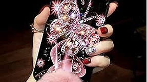 VAOXTY Compatible with iPhone 13 Pro Max Girly Case Bling Glitter 3D Diamond Rhinestone Case Cute for Women Girls Sparkle Shiny Luxury Crystal Butterfly with Plush Fuzzy Furry Ball Phone Case Pink
