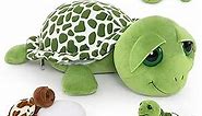 MorisMos 14'' Sea Turtle Stuffed Animal with 3 Baby Turtles, 2 Eggs and Zippered Tummy - Big-Eyed Plush Tortoise with Pillow