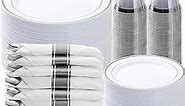 350PCS Silver Plastic Dinnerware Set, Disposable Party Plates for 50 Guests, Include: 100 Plastic Plates, 50 Pre Rolled Napkins with Silver Silverware, 50 Cups
