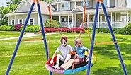 GIKPAL Saucer Swing with Stand for Kids Outdoor, 440lbs Swing Set with Heavy-Duty Metal Frame and Adjustable Ropes, Safe Waterproof Round Swing for Backyard Playground Park, Rainbow Color