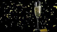 Free FHD Animation of gold confetti falling over glass of champagne on black background No Copyright