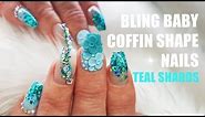 ACRYLIC NAILS | SHORT COFFIN | BLING CRYSTALS & HOLOGRAPHIC TEAL DESIGN | GLITTER PLANET UK