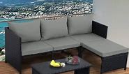 Valita 3-Piece Outdoor PE Rattan Furniture Set Patio Black Wicker Conversation Loveseat Sofa Sectional Couch Gray Cushion