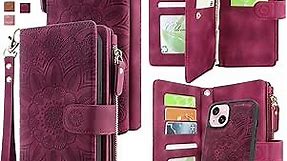 Harryshell Compatible with iPhone 15 / iPhone 14 / iPhone 13 6.1 inch 5G Wallet Case Detachable Removable Phone Cover Zipper Cash Pocket Multi Card Slots Wrist Strap Lanyard (Floral Wine Red)