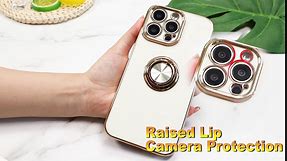Hython Case for iPhone 15 Pro Max Case with Ring Stand, 360° Rotatable Ring Holder Magnetic Kickstand, Plating Rose Gold Edge Soft Cover Protective Phone Case for iPhone 15 Pro Max 6.7", White