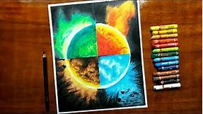 How to draw four planet dramatic scene with oil pastel - step by step