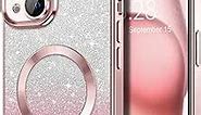 Hython for iPhone 15 Case Clear Magnetic Glitter Phone Cases [Compatible with MagSafe] Full Camera Lens Protector Slim Gradient Sparkle Luxury Plating Shockproof Protective Cover Women Girls, Pink