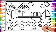 How to Draw House on the Beach | Beach House Coloring Page | Learn to Draw a Beach House for Kids
