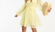 ASOS DESIGN button through ruched waist pleated mini dress in metallic texture in pastel yellow | ASOS