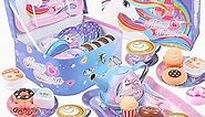 27Pcs Kids Tea Party Set for Little Girls Unicorn Gift Pretend Toy Tin Tea Set & Carrying Case & Food Sweet Treats Playset, Princess Tea Time Kitchen Pretend Play Tea Set Toys