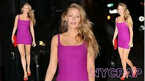 Blake lively in purple mini dress walks to Gigi Hadid's 27th birthday party at zero Bond in NYC