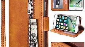 KUDEX iPhone 7 Plus Wallet Case for Women,iPhone 8 Plus Case, Flip Leather Shockproof Magnetic Zipper Pocket Wallet Purse Case w/Stand Card Slot Holder Wrist Strap for iPhone 7 Plus/8 Plus (Brown)