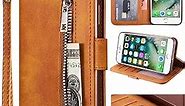 KUDEX iPhone 7 Plus Wallet Case for Women,iPhone 8 Plus Case, Flip Leather Shockproof Magnetic Zipper Pocket Wallet Purse Case w/Stand Card Slot Holder Wrist Strap for iPhone 7 Plus/8 Plus (Brown)