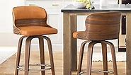 Cozyman Bar Stools Swivel, Mid Century Modern Bar Stools, 26 Inch Bar Chairs with Solid Back, Walnut Finish and Faux Leather Seat, Counter Height Barstool Set of 2, Whiskey Brown