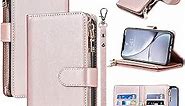 YuHii for iPhone XR Case with Card Holder iPhone XR Wallet Case for Women iPhone XR Phone Case Leather Flip Folio Magnetic Zipper Cover with Credit Holder-Rose Gold