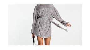 ASOS DESIGN oversized sequin mini dress with belt in charcoal | ASOS