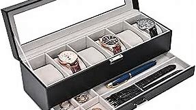 ProCase Watch Box Organizer for Men, 6 Slot Watch Display Case with Drawer, Father's Day Gift Mens Watch Holder Watch Case for Men, 6 Watch Box 2-layer Jewelry and Watch Storage Case -Black
