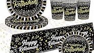 Happy Retirement Party Decorations Supplies - (Total 169pcs) Black Gold Retirement Plates and Napkins, Cups, Knives, Forks, Spoons Included, Tablecloth, Disposable Tableware for 24 Guests