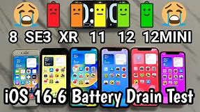 iOS 16.6 Full Battery Drain Test - iPhone 8 vs SE3 vs XR vs 11 vs 12 vs 12mini [100-0% ]