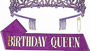 CIEHER Purple Birthday Sash & Queen Crown Kit, Purple Birthday Decorations, Purple Crown, Purple Tiara, Purple Crowns for Women Girls, Purple Birthday Crown Tiara, Birthday Crown and Sash, Purple Birthday Gifts for Women, Purple Happy Birthday, 16th 18th 30th 40th 50th 60th 70th 80th 90th 100th Birthday Decorations Women Purple