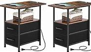 End Table Living Room with Charging Station, Set of 2 Narrow Side Tables with LED Lights, Night Stand Small Bedside Tables with Drawers and USB C Port, for Small Spaces, Bedroom, Rustic Brown