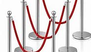 Stainless Steel Stanchion Post Queue 5 ft Red Velvet Rope Red Carpet Ropes and Poles Crowd Control Barriers Sand Injection Hollow Base and Velvet Ropes Set for Party Supplies (4 Pieces, Silver)