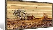 Bedroom Framed Wall Art Picture: Farmhouse Country Barn Wooden Painting Living Room Horizontal Nature Landscape Sunset View Print Long Panoramic Rustic Farm Cabin Sunrise Scene Artwork for Home