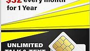 1 Year Prepaid GSM SIM Card - Monthly Unlimited Text + Unlimited Minutes and 4GB 4G LTE Data No Contract 12 Months Plan
